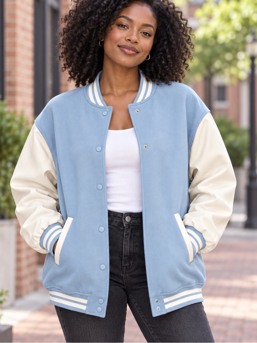H&M Divided Powder Blue and White Varsity Letterman Jacket